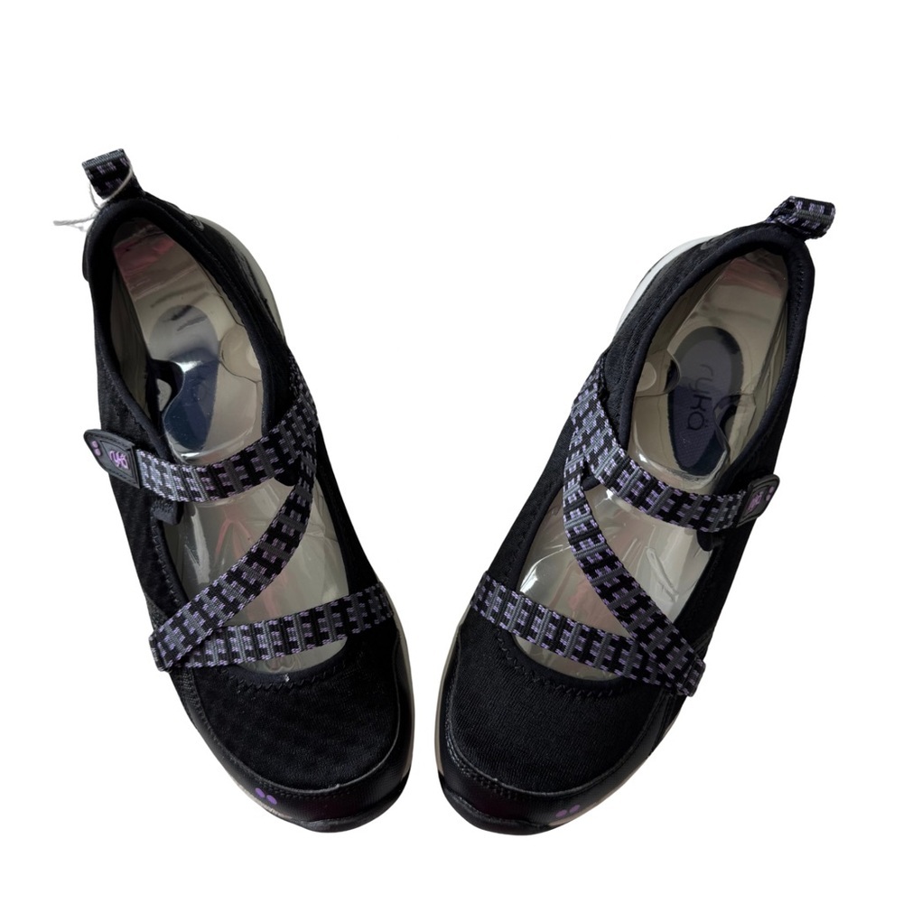 New Ryka Mary Jane Walking Shoes, Size 8, Black Purple Criss Cross Straps - Picture 7 of 11